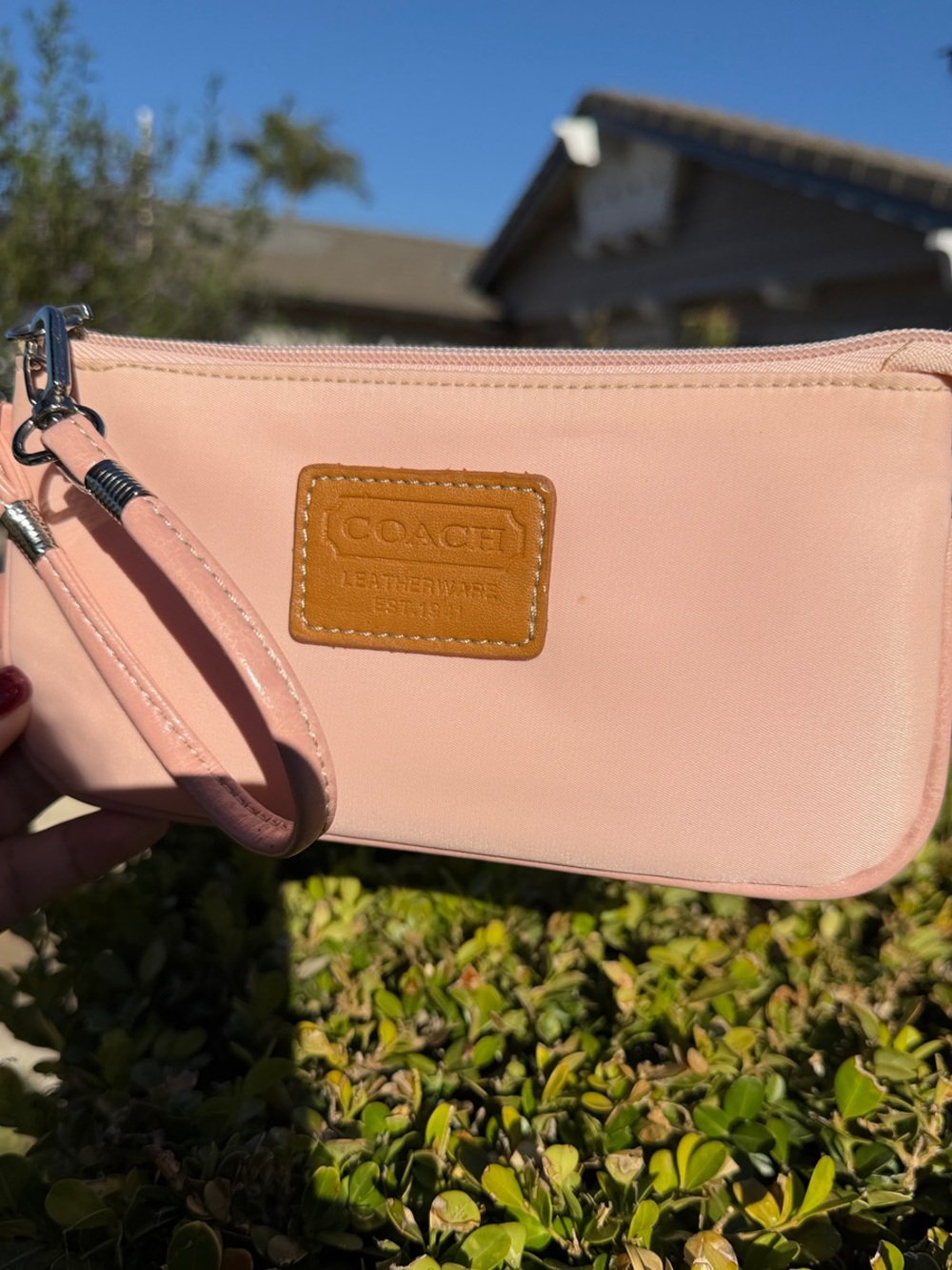 COACH Blush Pink Leather Wristlet with Tan Leather Patch
